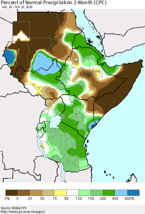 Eastern Africa Percent of Normal Precipitation 2-Month (CPC) Thematic Map For 12/26/2019 - 2/25/2020