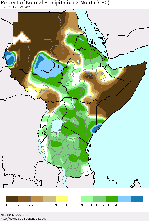 Eastern Africa Percent of Normal Precipitation 2-Month (CPC) Thematic Map For 1/1/2020 - 2/29/2020