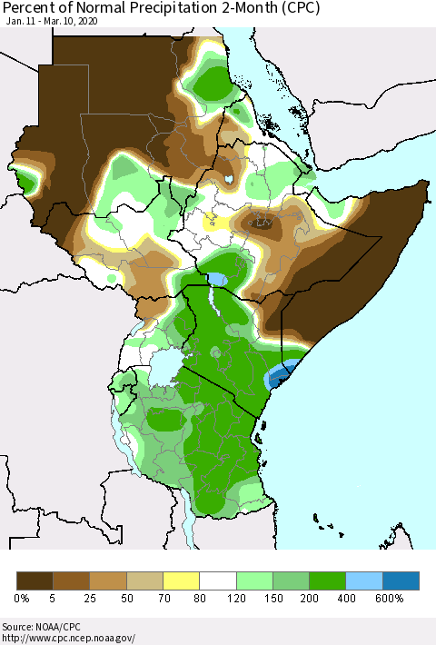 Eastern Africa Percent of Normal Precipitation 2-Month (CPC) Thematic Map For 1/11/2020 - 3/10/2020