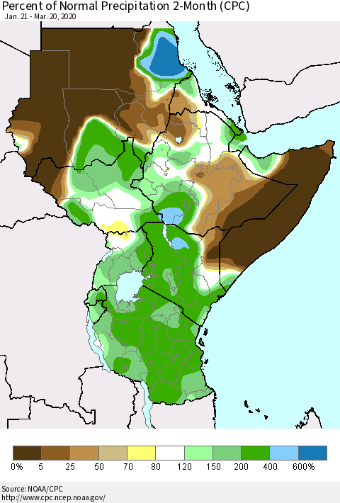 Eastern Africa Percent of Normal Precipitation 2-Month (CPC) Thematic Map For 1/21/2020 - 3/20/2020