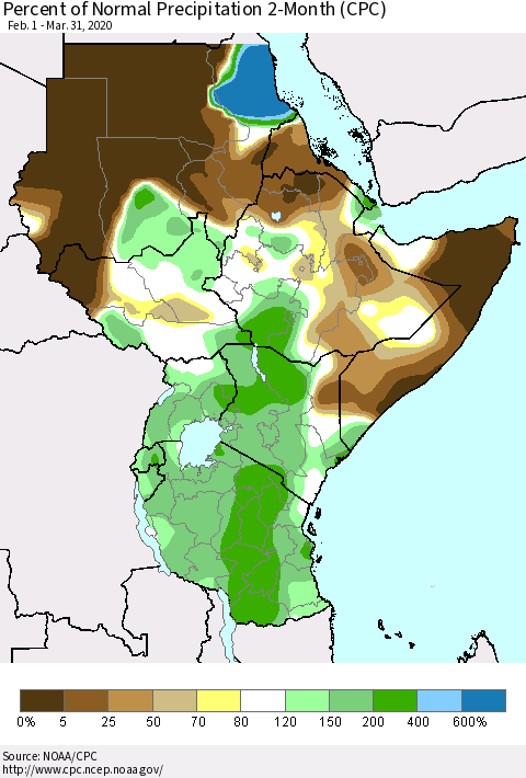 Eastern Africa Percent of Normal Precipitation 2-Month (CPC) Thematic Map For 2/1/2020 - 3/31/2020