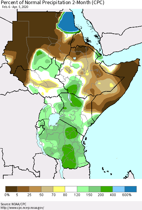 Eastern Africa Percent of Normal Precipitation 2-Month (CPC) Thematic Map For 2/6/2020 - 4/5/2020