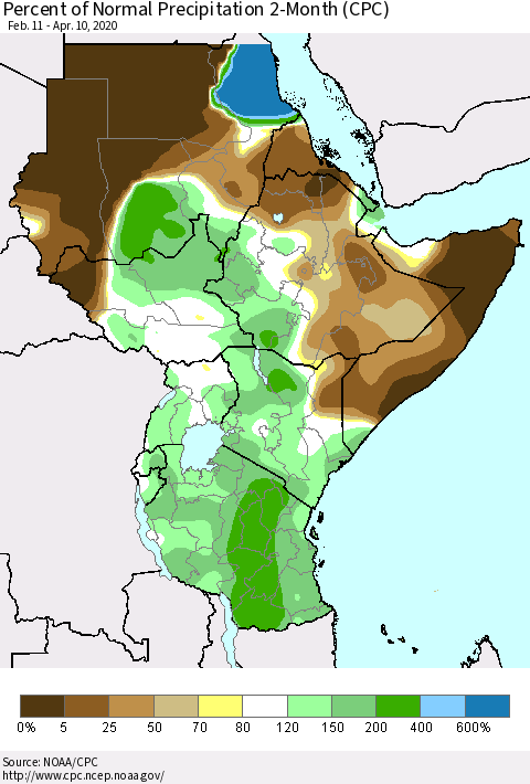 Eastern Africa Percent of Normal Precipitation 2-Month (CPC) Thematic Map For 2/11/2020 - 4/10/2020