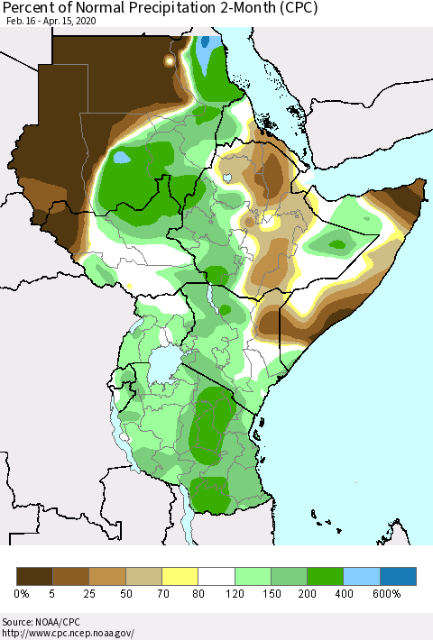 Eastern Africa Percent of Normal Precipitation 2-Month (CPC) Thematic Map For 2/16/2020 - 4/15/2020