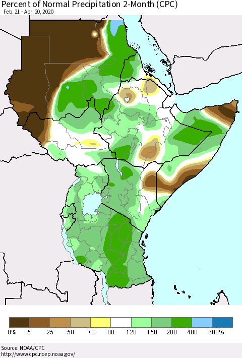 Eastern Africa Percent of Normal Precipitation 2-Month (CPC) Thematic Map For 2/21/2020 - 4/20/2020