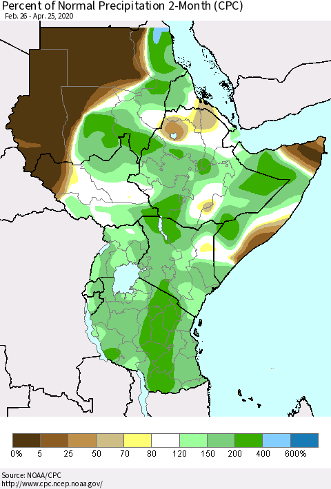 Eastern Africa Percent of Normal Precipitation 2-Month (CPC) Thematic Map For 2/26/2020 - 4/25/2020