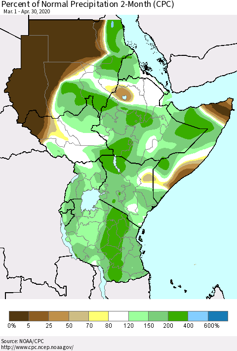 Eastern Africa Percent of Normal Precipitation 2-Month (CPC) Thematic Map For 3/1/2020 - 4/30/2020