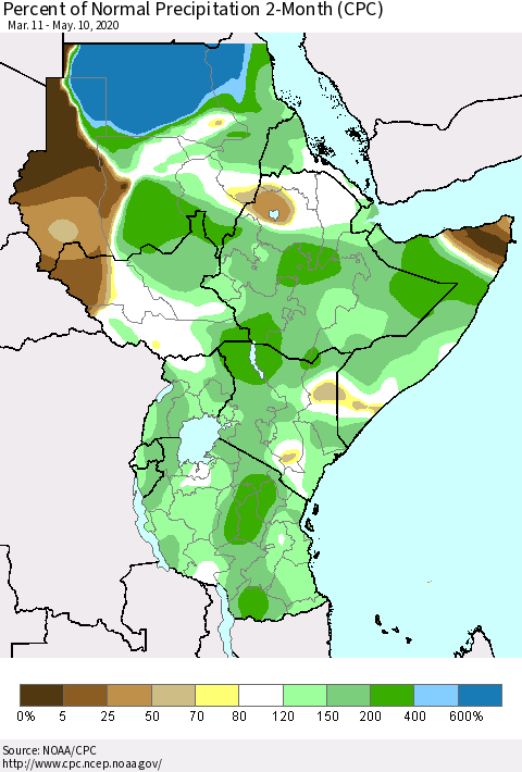 Eastern Africa Percent of Normal Precipitation 2-Month (CPC) Thematic Map For 3/11/2020 - 5/10/2020