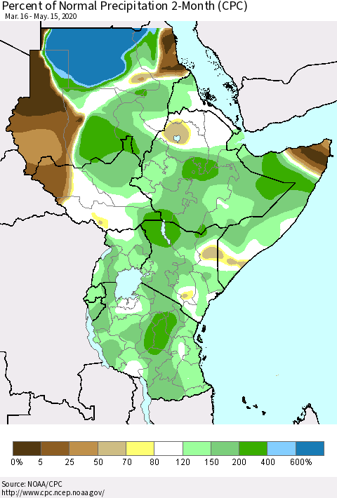 Eastern Africa Percent of Normal Precipitation 2-Month (CPC) Thematic Map For 3/16/2020 - 5/15/2020