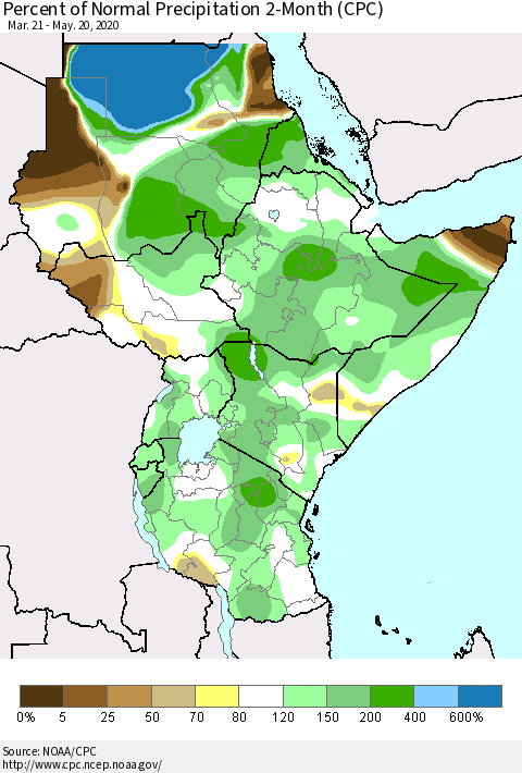Eastern Africa Percent of Normal Precipitation 2-Month (CPC) Thematic Map For 3/21/2020 - 5/20/2020
