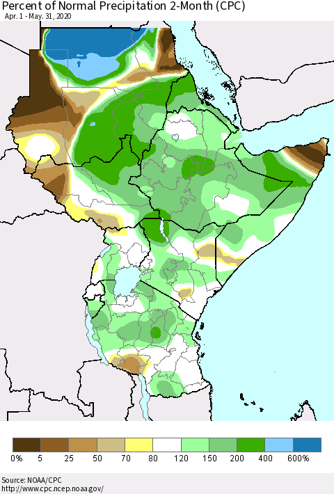 Eastern Africa Percent of Normal Precipitation 2-Month (CPC) Thematic Map For 4/1/2020 - 5/31/2020