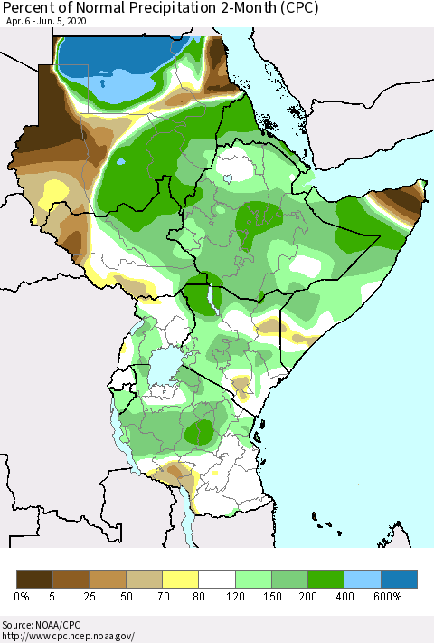 Eastern Africa Percent of Normal Precipitation 2-Month (CPC) Thematic Map For 4/6/2020 - 6/5/2020