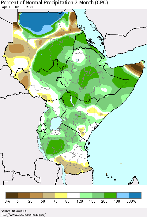 Eastern Africa Percent of Normal Precipitation 2-Month (CPC) Thematic Map For 4/11/2020 - 6/10/2020