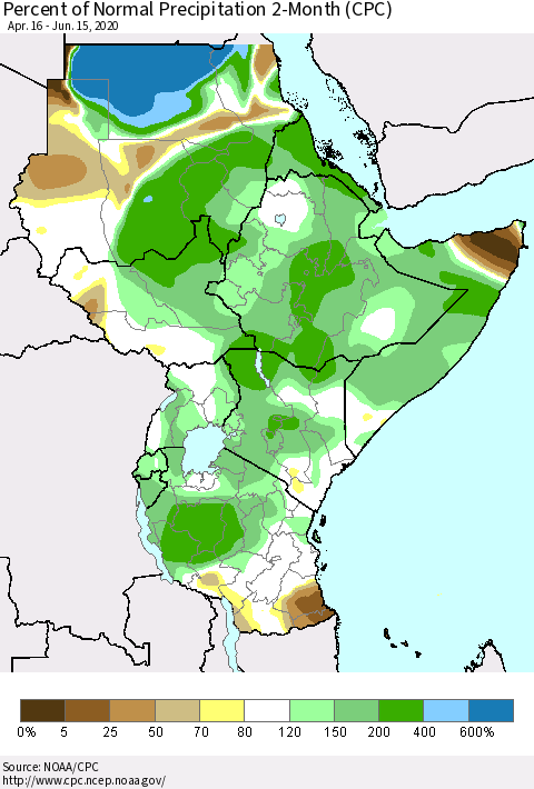 Eastern Africa Percent of Normal Precipitation 2-Month (CPC) Thematic Map For 4/16/2020 - 6/15/2020