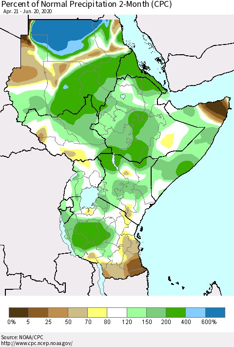Eastern Africa Percent of Normal Precipitation 2-Month (CPC) Thematic Map For 4/21/2020 - 6/20/2020
