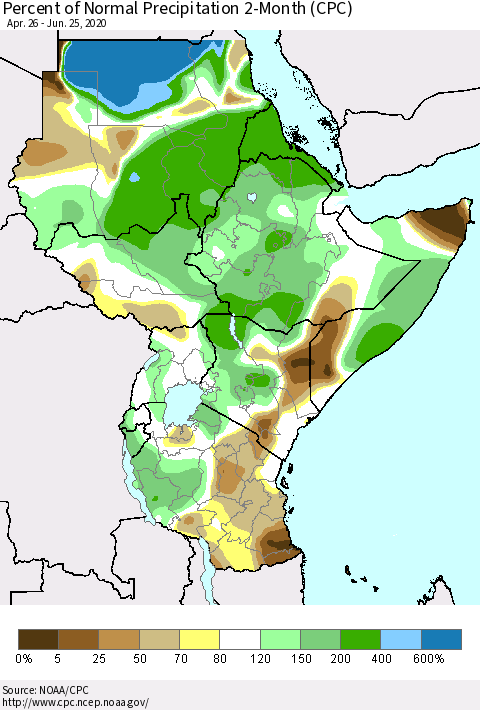Eastern Africa Percent of Normal Precipitation 2-Month (CPC) Thematic Map For 4/26/2020 - 6/25/2020