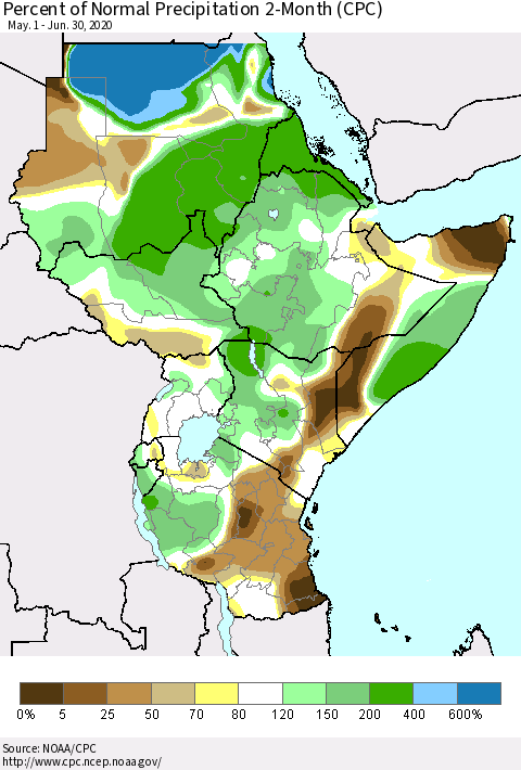 Eastern Africa Percent of Normal Precipitation 2-Month (CPC) Thematic Map For 5/1/2020 - 6/30/2020