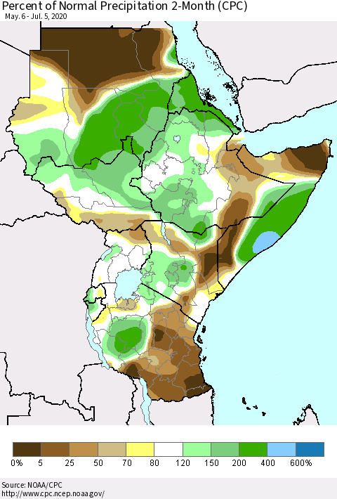 Eastern Africa Percent of Normal Precipitation 2-Month (CPC) Thematic Map For 5/6/2020 - 7/5/2020