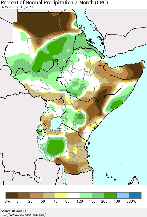 Eastern Africa Percent of Normal Precipitation 2-Month (CPC) Thematic Map For 5/11/2020 - 7/10/2020