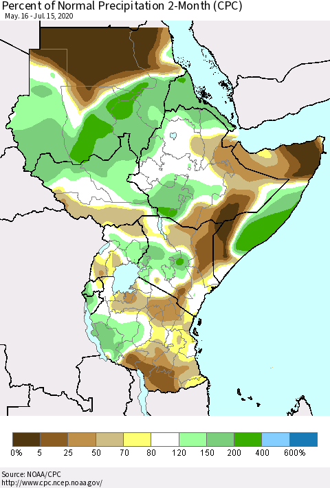 Eastern Africa Percent of Normal Precipitation 2-Month (CPC) Thematic Map For 5/16/2020 - 7/15/2020