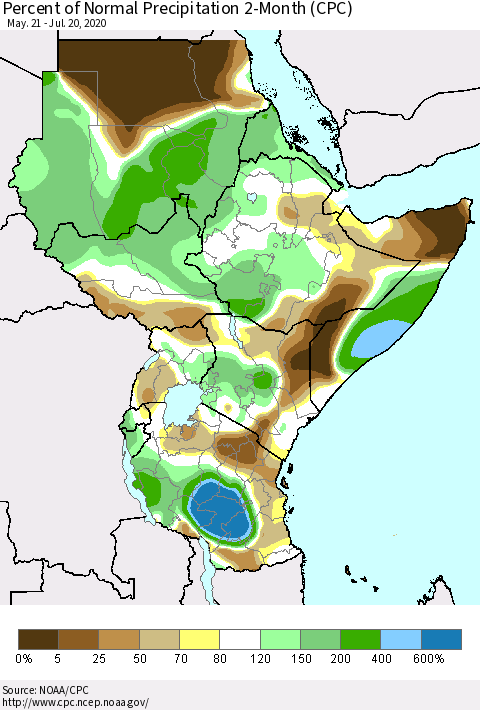 Eastern Africa Percent of Normal Precipitation 2-Month (CPC) Thematic Map For 5/21/2020 - 7/20/2020