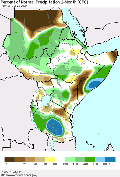 Eastern Africa Percent of Normal Precipitation 2-Month (CPC) Thematic Map For 5/26/2020 - 7/25/2020