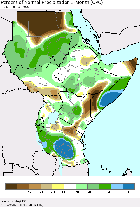 Eastern Africa Percent of Normal Precipitation 2-Month (CPC) Thematic Map For 6/1/2020 - 7/31/2020
