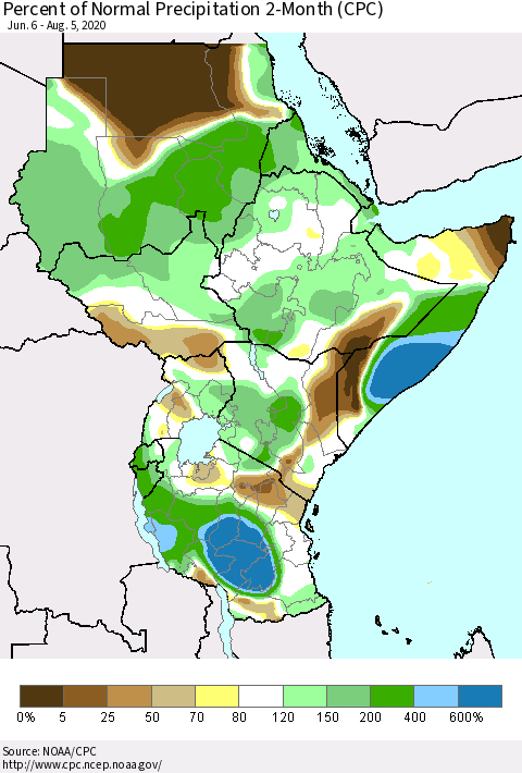 Eastern Africa Percent of Normal Precipitation 2-Month (CPC) Thematic Map For 6/6/2020 - 8/5/2020