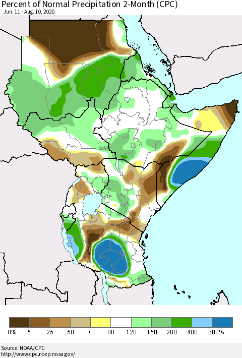 Eastern Africa Percent of Normal Precipitation 2-Month (CPC) Thematic Map For 6/11/2020 - 8/10/2020
