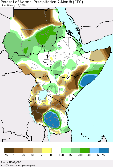 Eastern Africa Percent of Normal Precipitation 2-Month (CPC) Thematic Map For 6/16/2020 - 8/15/2020