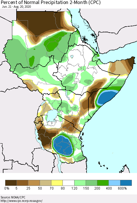 Eastern Africa Percent of Normal Precipitation 2-Month (CPC) Thematic Map For 6/21/2020 - 8/20/2020