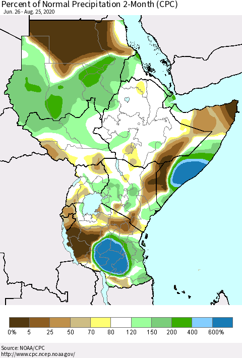 Eastern Africa Percent of Normal Precipitation 2-Month (CPC) Thematic Map For 6/26/2020 - 8/25/2020