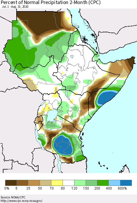 Eastern Africa Percent of Normal Precipitation 2-Month (CPC) Thematic Map For 7/1/2020 - 8/31/2020