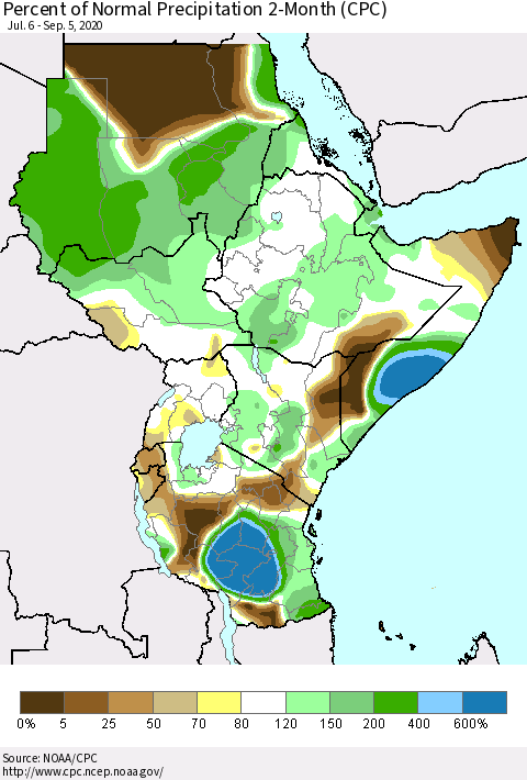 Eastern Africa Percent of Normal Precipitation 2-Month (CPC) Thematic Map For 7/6/2020 - 9/5/2020