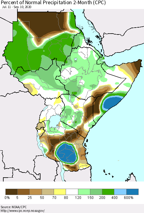 Eastern Africa Percent of Normal Precipitation 2-Month (CPC) Thematic Map For 7/11/2020 - 9/10/2020
