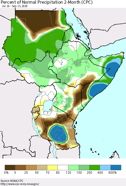 Eastern Africa Percent of Normal Precipitation 2-Month (CPC) Thematic Map For 7/16/2020 - 9/15/2020