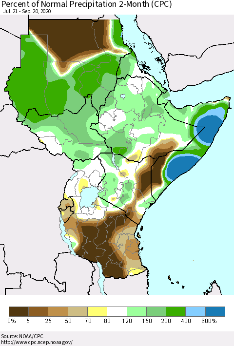 Eastern Africa Percent of Normal Precipitation 2-Month (CPC) Thematic Map For 7/21/2020 - 9/20/2020