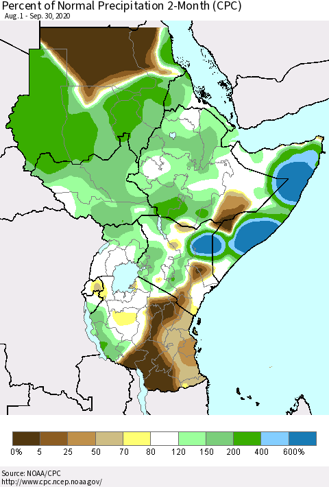 Eastern Africa Percent of Normal Precipitation 2-Month (CPC) Thematic Map For 8/1/2020 - 9/30/2020