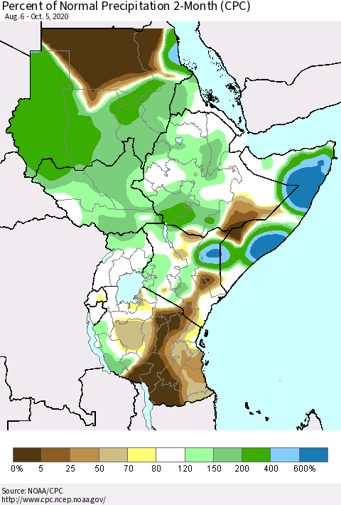 Eastern Africa Percent of Normal Precipitation 2-Month (CPC) Thematic Map For 8/6/2020 - 10/5/2020
