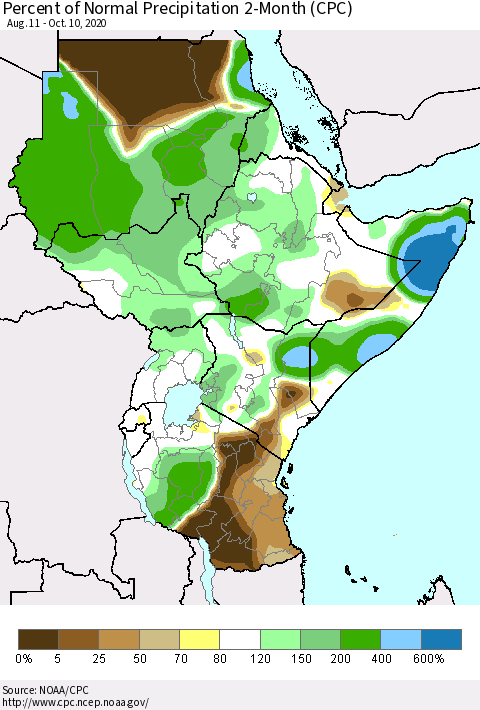 Eastern Africa Percent of Normal Precipitation 2-Month (CPC) Thematic Map For 8/11/2020 - 10/10/2020