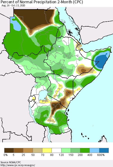 Eastern Africa Percent of Normal Precipitation 2-Month (CPC) Thematic Map For 8/16/2020 - 10/15/2020