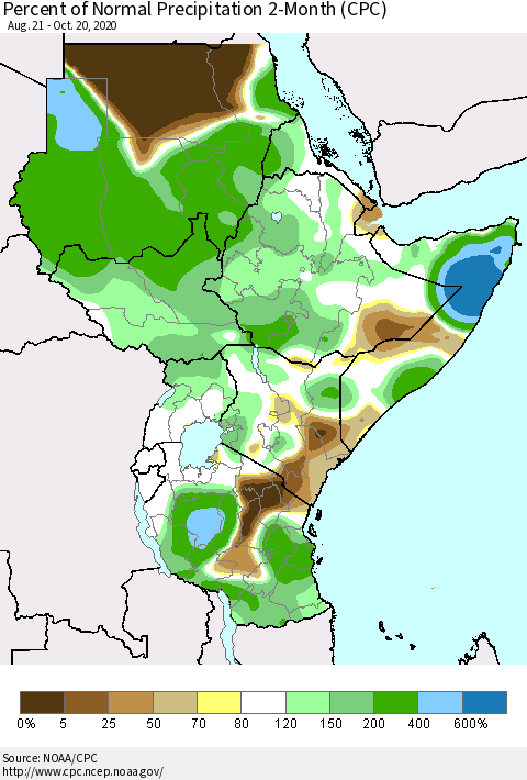 Eastern Africa Percent of Normal Precipitation 2-Month (CPC) Thematic Map For 8/21/2020 - 10/20/2020