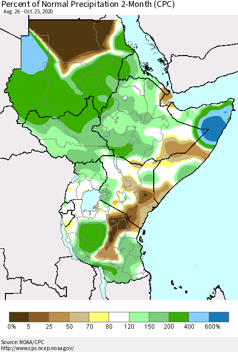 Eastern Africa Percent of Normal Precipitation 2-Month (CPC) Thematic Map For 8/26/2020 - 10/25/2020