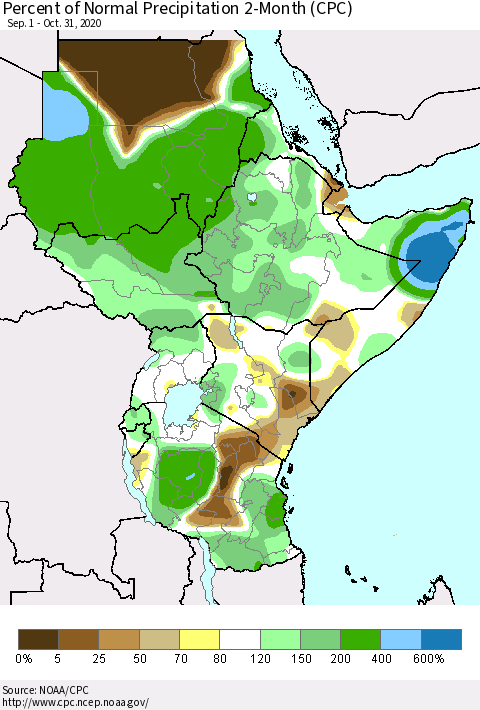 Eastern Africa Percent of Normal Precipitation 2-Month (CPC) Thematic Map For 9/1/2020 - 10/31/2020
