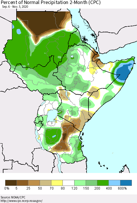 Eastern Africa Percent of Normal Precipitation 2-Month (CPC) Thematic Map For 9/6/2020 - 11/5/2020