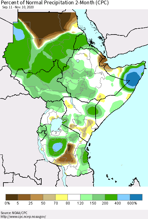 Eastern Africa Percent of Normal Precipitation 2-Month (CPC) Thematic Map For 9/11/2020 - 11/10/2020