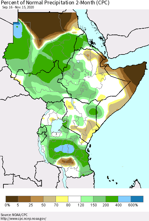 Eastern Africa Percent of Normal Precipitation 2-Month (CPC) Thematic Map For 9/16/2020 - 11/15/2020