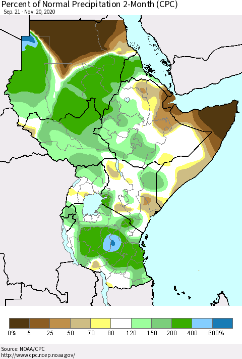 Eastern Africa Percent of Normal Precipitation 2-Month (CPC) Thematic Map For 9/21/2020 - 11/20/2020