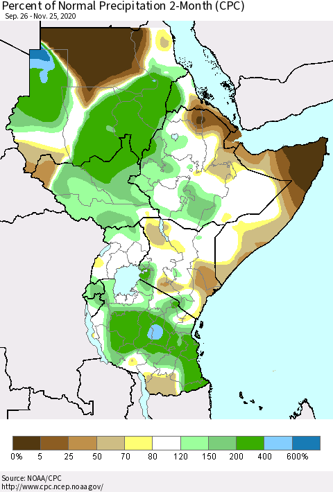 Eastern Africa Percent of Normal Precipitation 2-Month (CPC) Thematic Map For 9/26/2020 - 11/25/2020