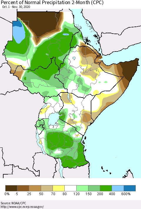 Eastern Africa Percent of Normal Precipitation 2-Month (CPC) Thematic Map For 10/1/2020 - 11/30/2020